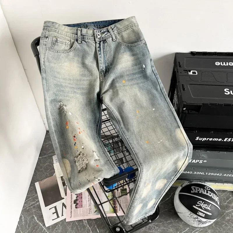 Men's Splashing ink Ripped Baggy Jeans