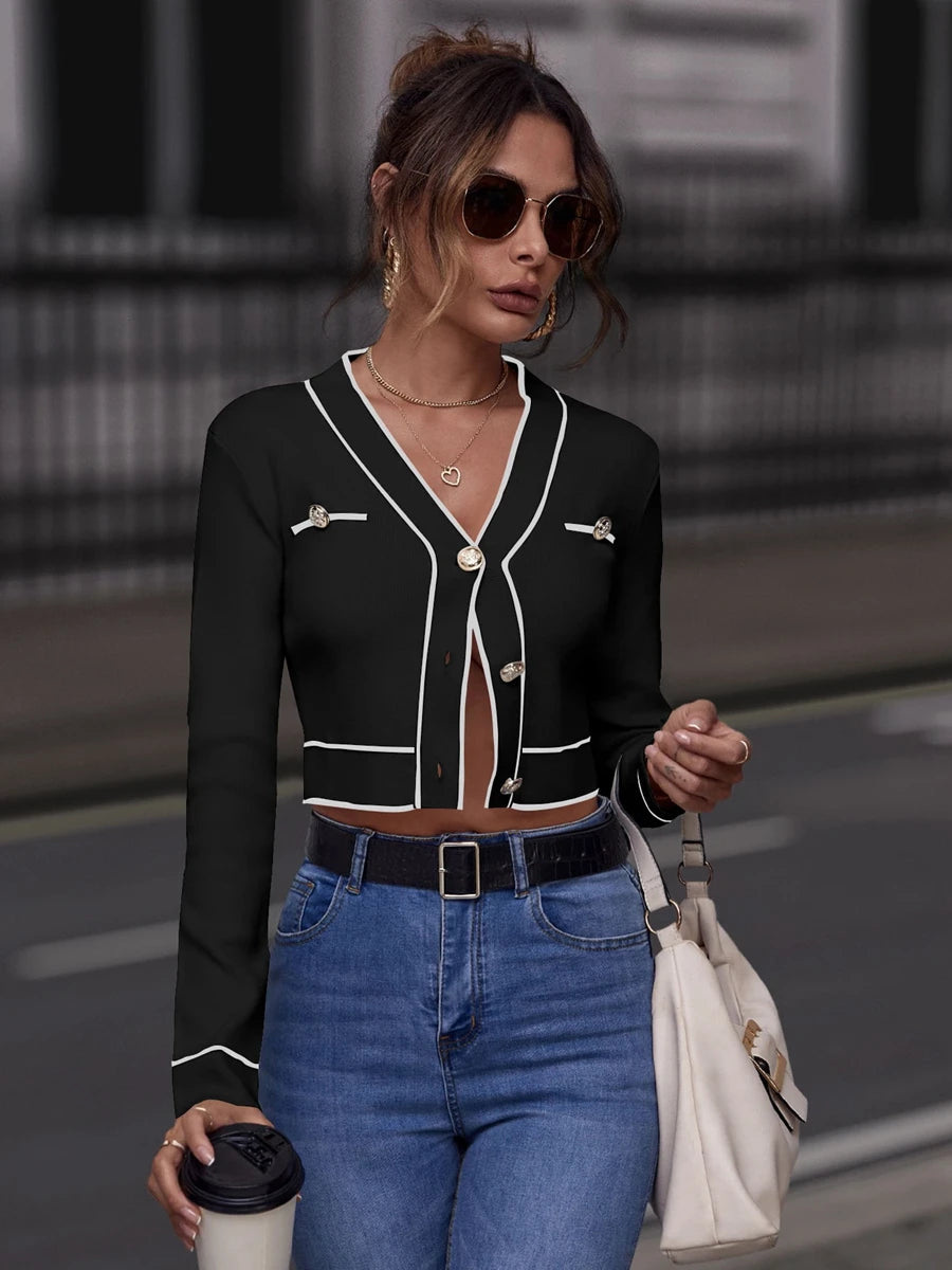Women V Neck Button Crop Sweater