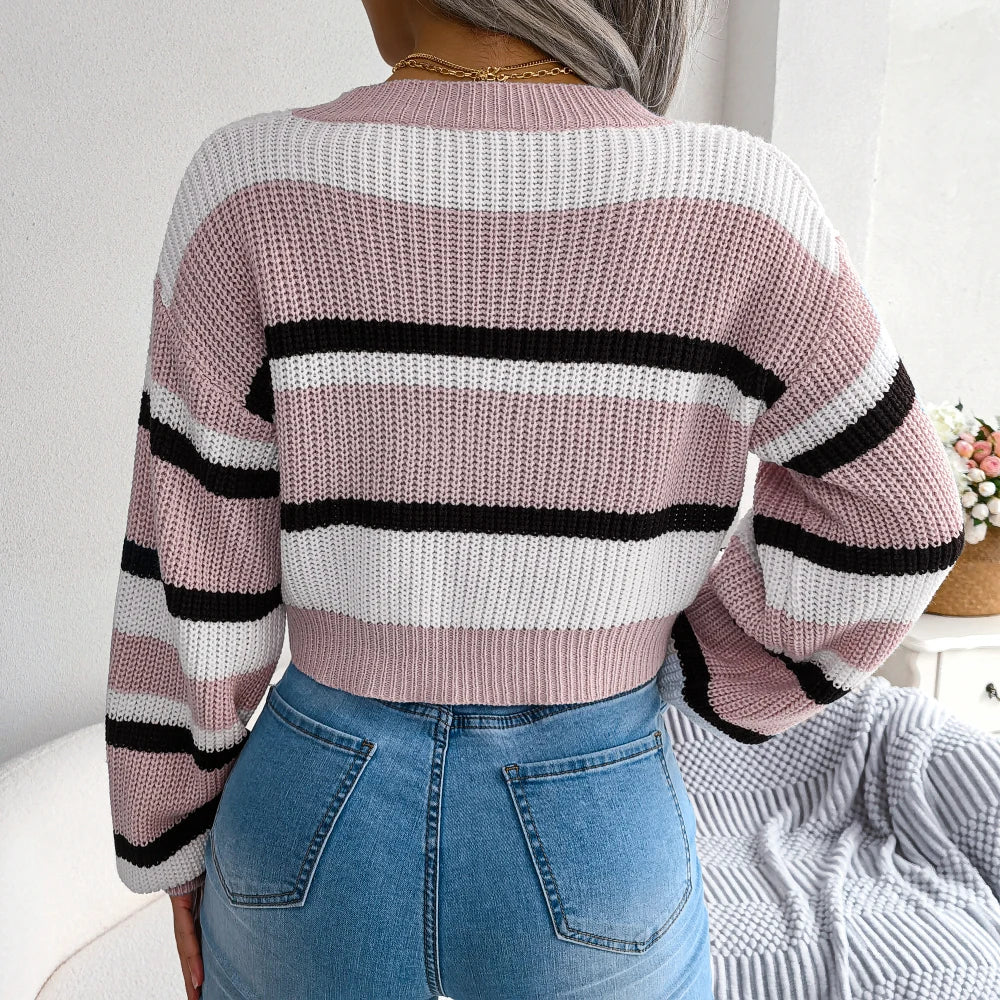 Women's Striped Long Sleeve Crop Top