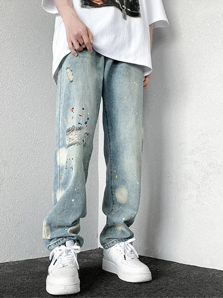Men's Splashing ink Ripped Baggy Jeans