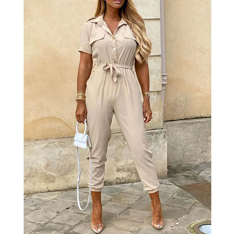 Women's Monochromatic Belt Jumpsuit
