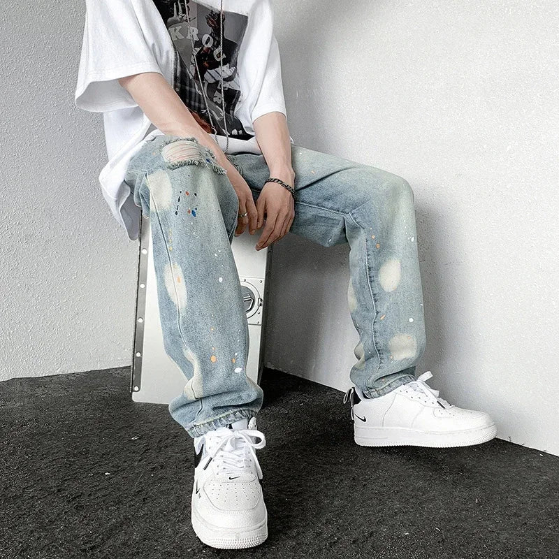 Men's Splashing ink Ripped Baggy Jeans