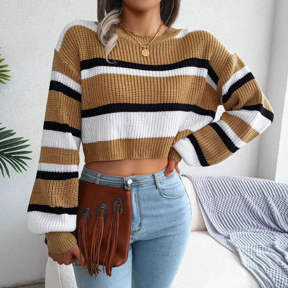 Women's Striped Long Sleeve Crop Top