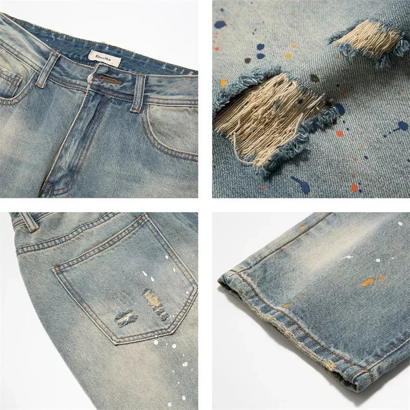 Men's Splashing ink Ripped Baggy Jeans