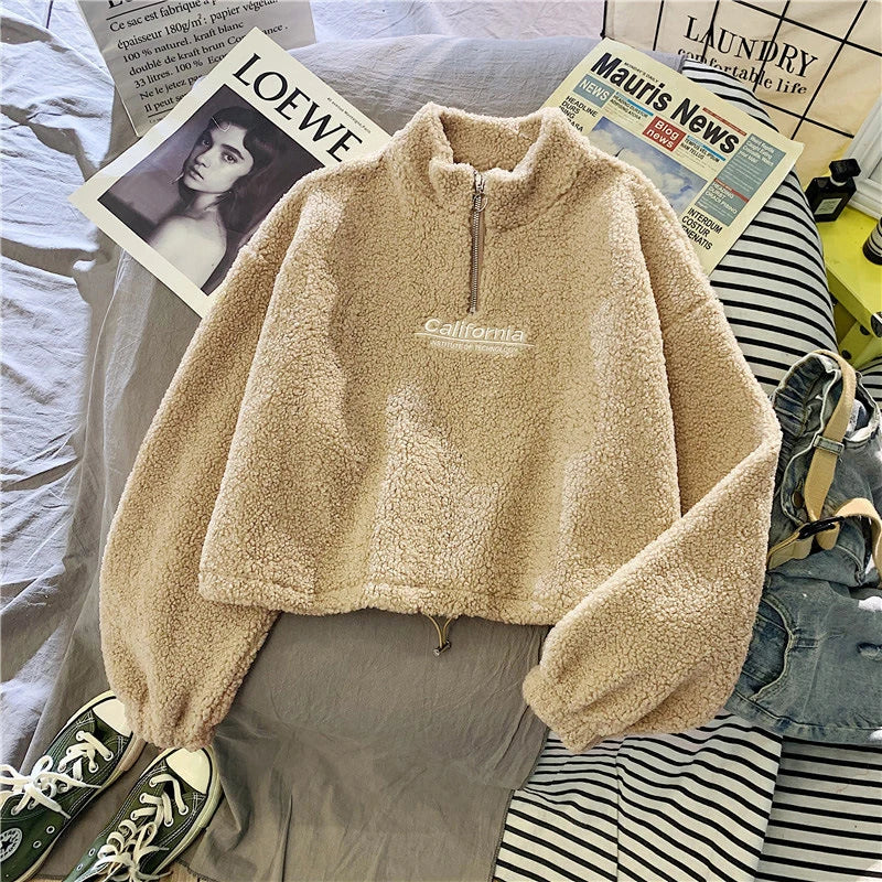 Women Stand Neck Fleece Cropped Hoodie