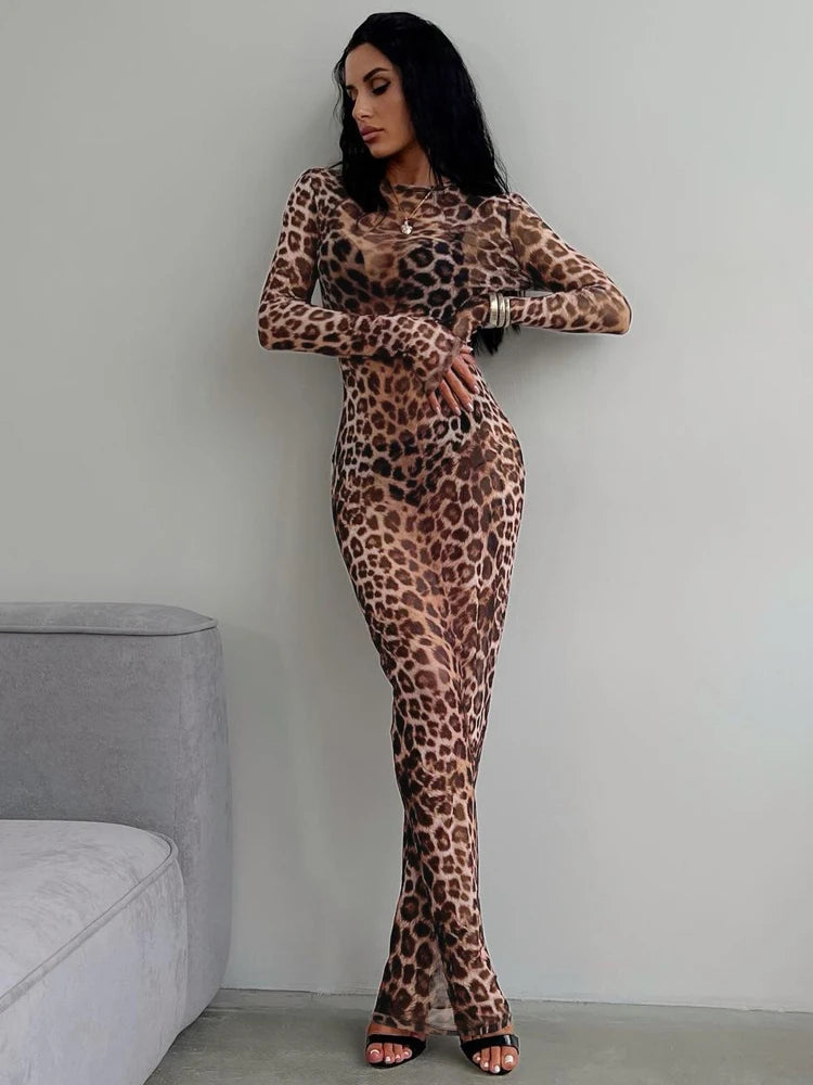Leopard Print Mesh Long Sleeve Maxi Dress
