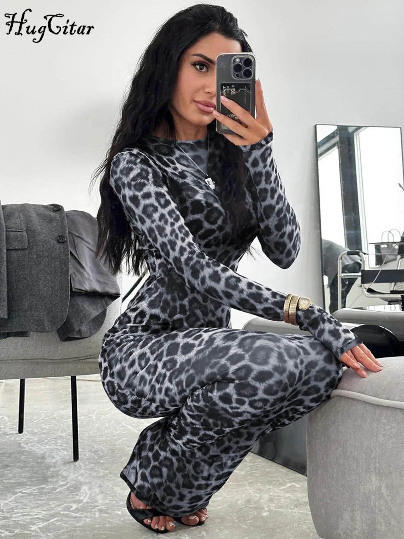 Leopard Print Mesh Long Sleeve Maxi Dress