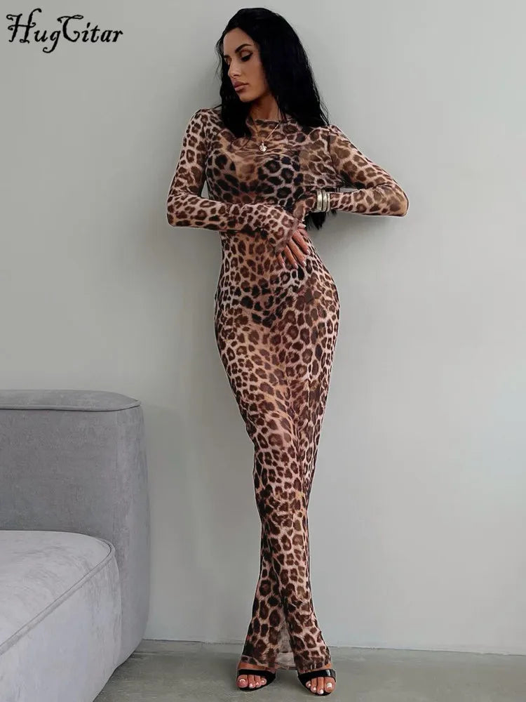 Leopard Print Mesh Long Sleeve Maxi Dress