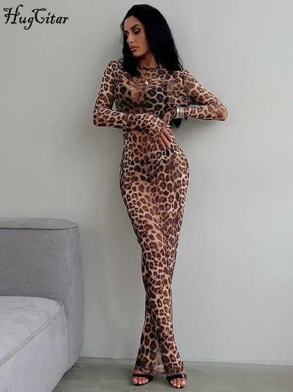 Leopard Print Mesh Long Sleeve Maxi Dress