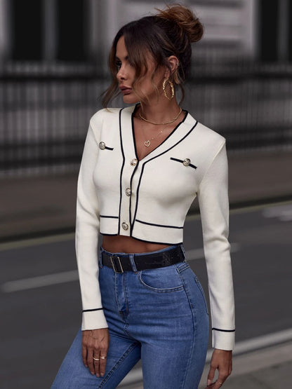 Women V Neck Button Crop Sweater