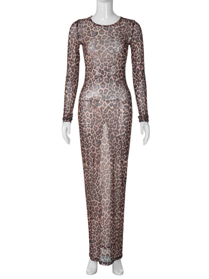 Leopard Print Mesh Long Sleeve Maxi Dress