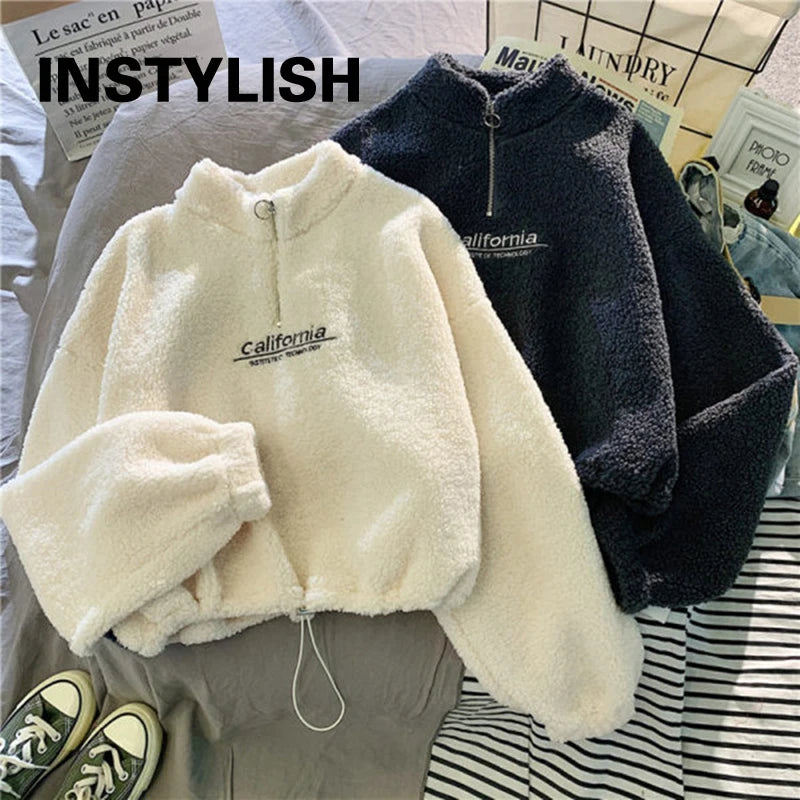 Women Stand Neck Fleece Cropped Hoodie