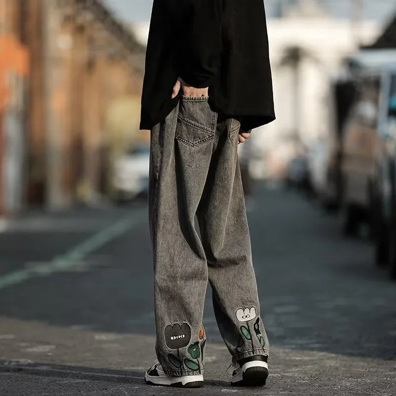 Men's Flower Printed Baggy Jeans