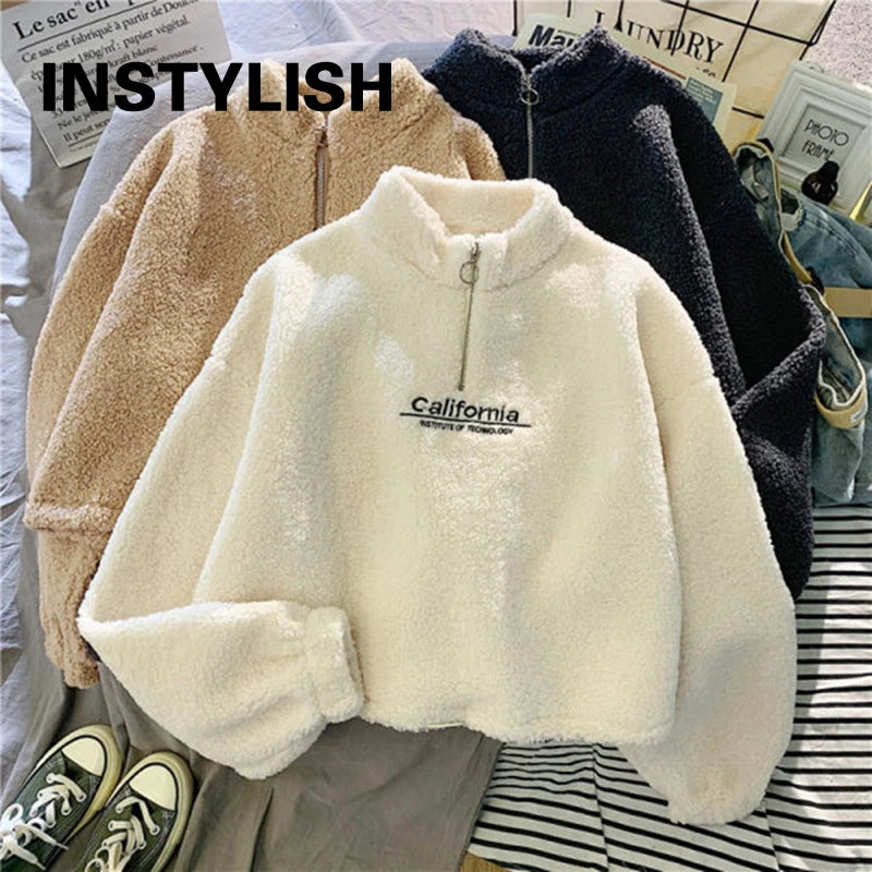 Women Stand Neck Fleece Cropped Hoodie