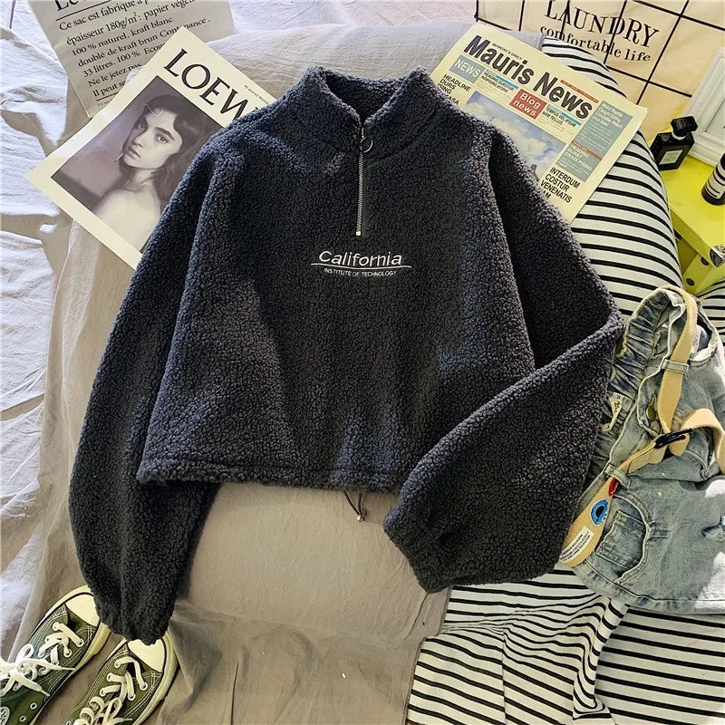 Women Stand Neck Fleece Cropped Hoodie