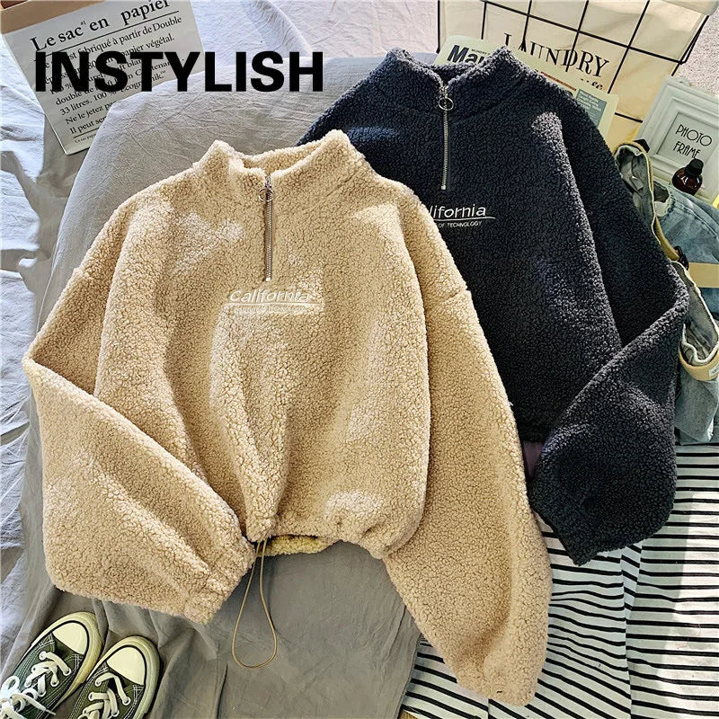 Women Stand Neck Fleece Cropped Hoodie
