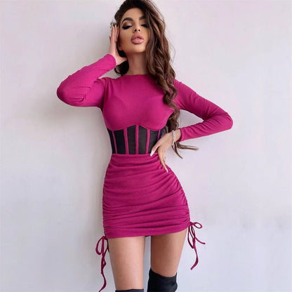 Shirring Mesh Hollow Out Bodycon Dress