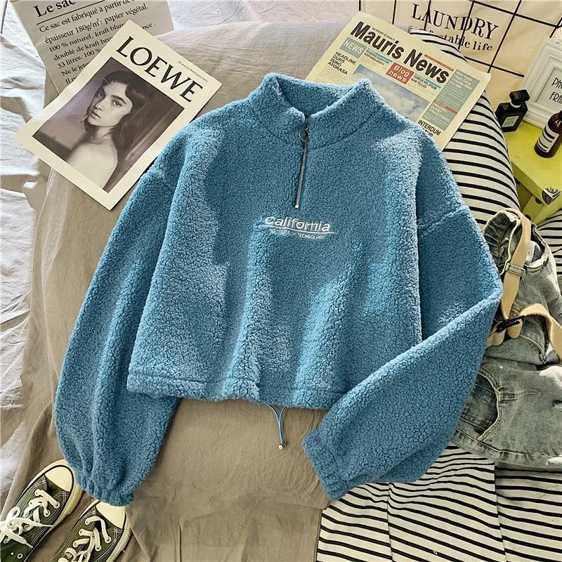 Women Stand Neck Fleece Cropped Hoodie