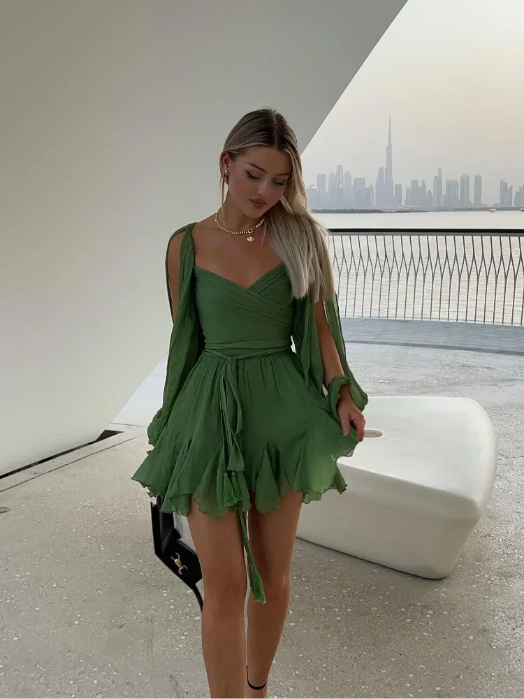 Women's Pleated Lace Up Mini Dress