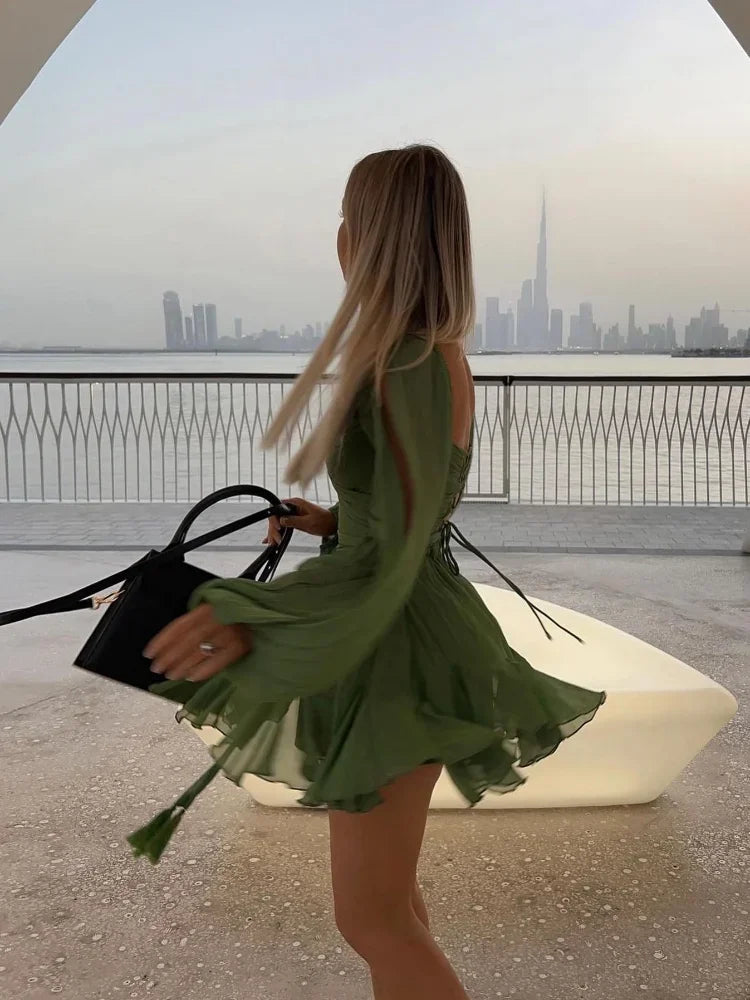 Women's Pleated Lace Up Mini Dress