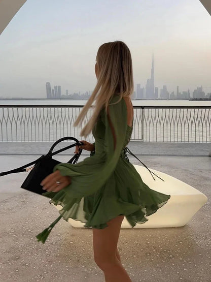 Women's Pleated Lace Up Mini Dress