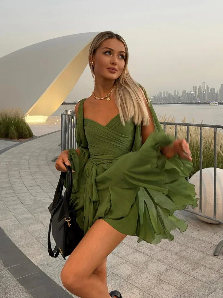 Women's Pleated Lace Up Mini Dress