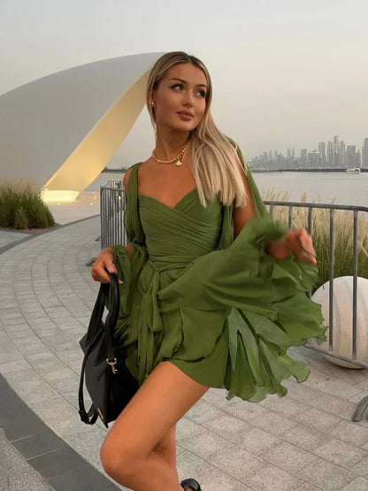 Women's Pleated Lace Up Mini Dress