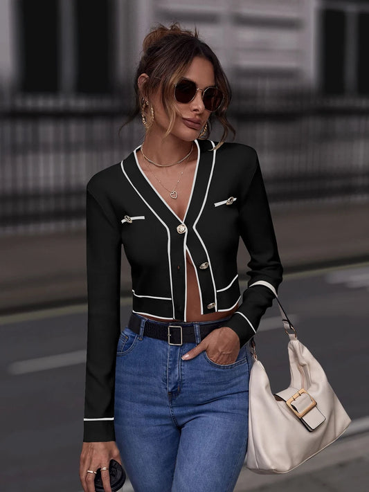 Women V Neck Button Crop Sweater