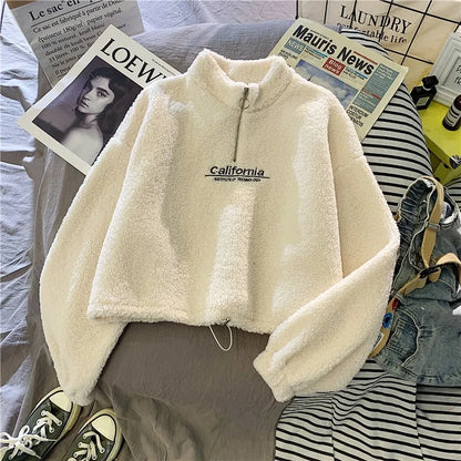 Women Stand Neck Fleece Cropped Hoodie