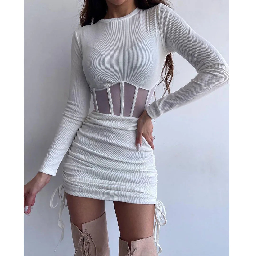 Shirring Mesh Hollow Out Bodycon Dress