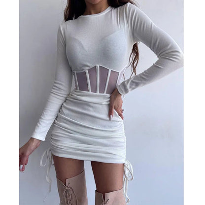 Shirring Mesh Hollow Out Bodycon Dress