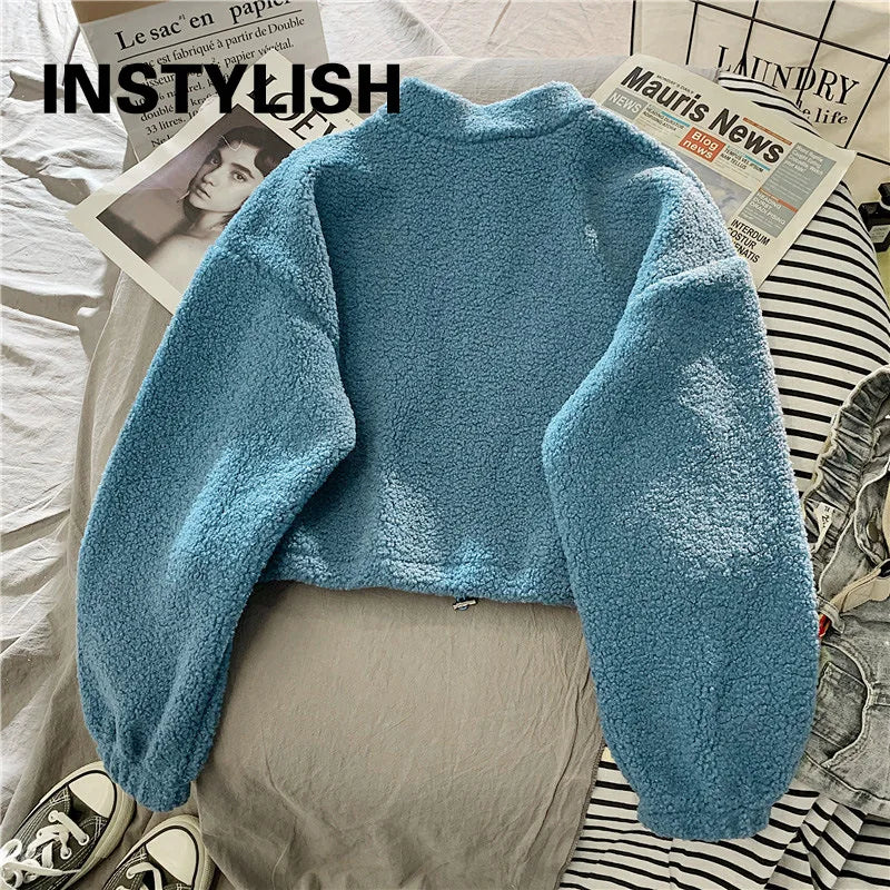 Women Stand Neck Fleece Cropped Hoodie
