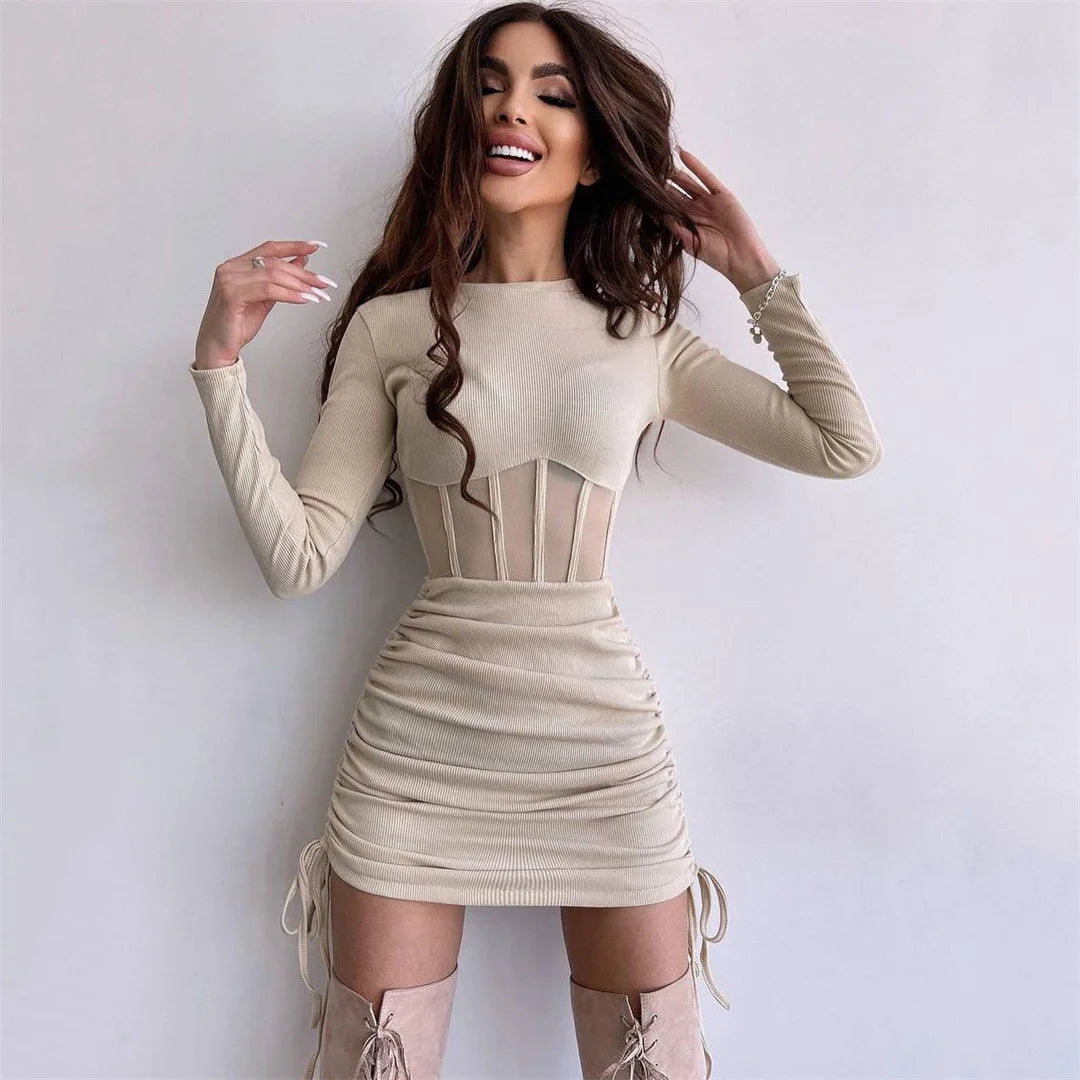 Shirring Mesh Hollow Out Bodycon Dress