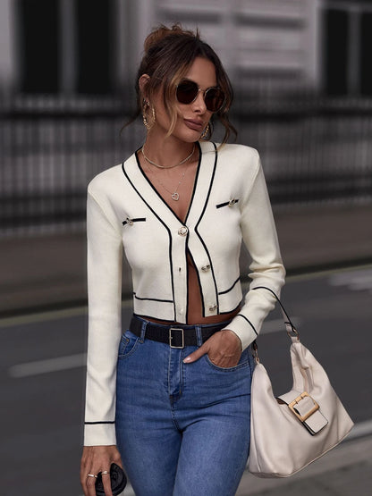 Women V Neck Button Crop Sweater