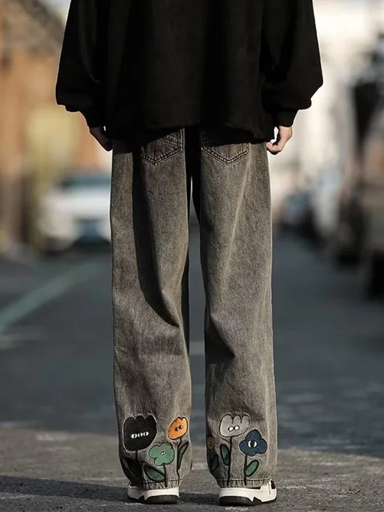 Men's Flower Printed Baggy Jeans