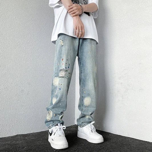 Men's Splashing ink Ripped Baggy Jeans
