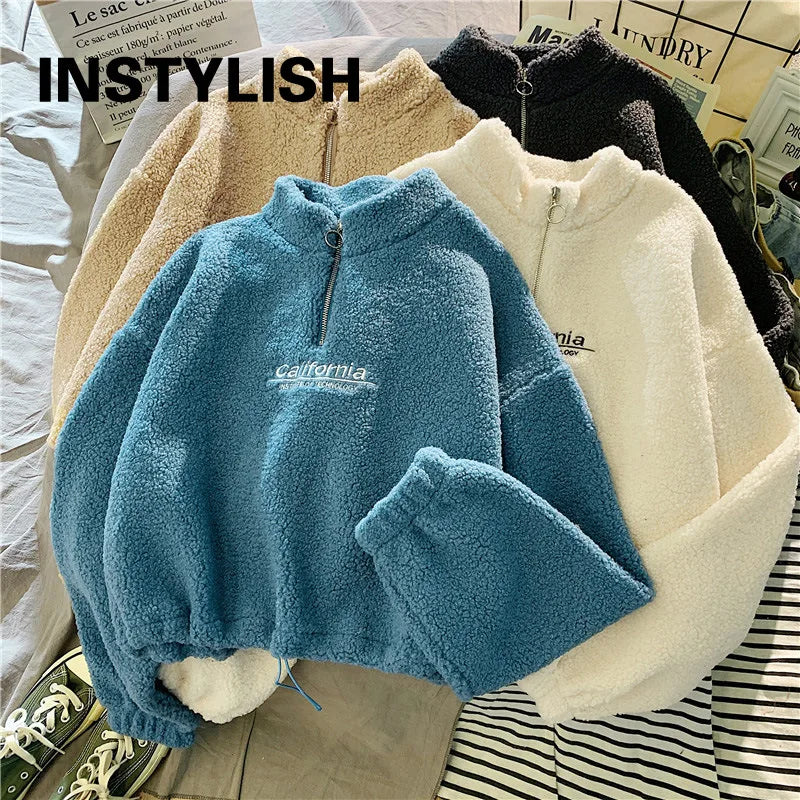 Women Stand Neck Fleece Cropped Hoodie