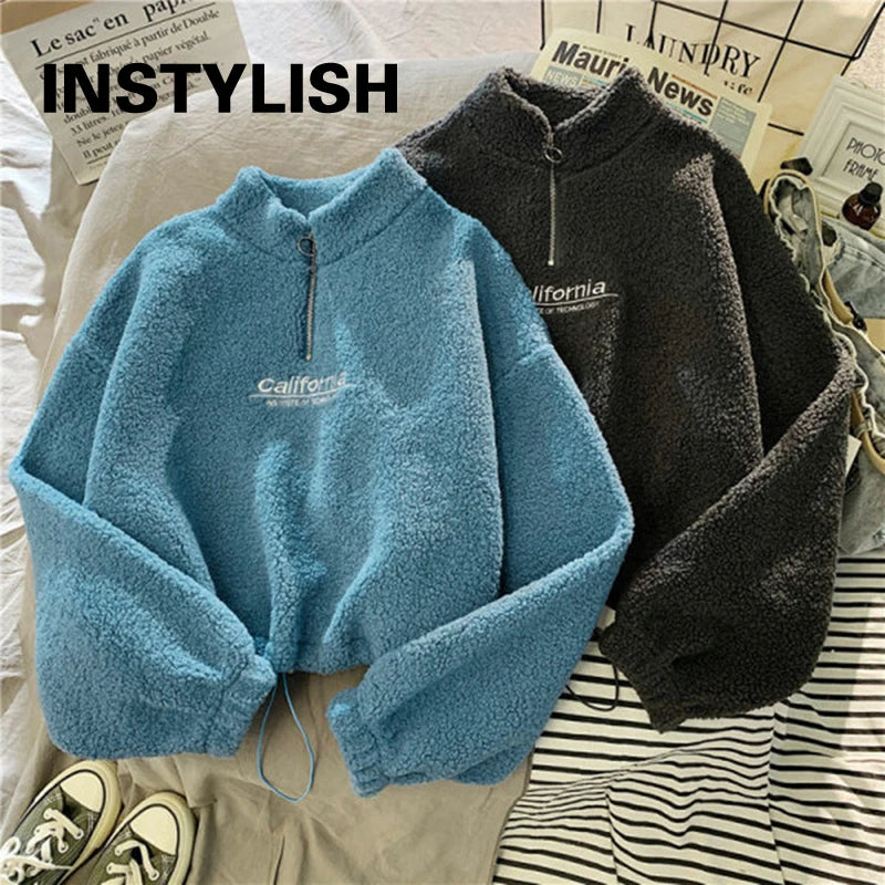 Women Stand Neck Fleece Cropped Hoodie