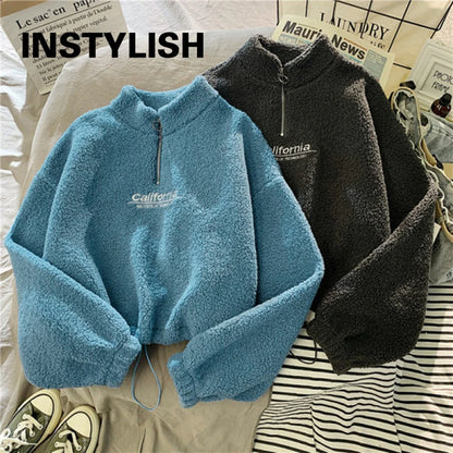 Women Stand Neck Fleece Cropped Hoodie