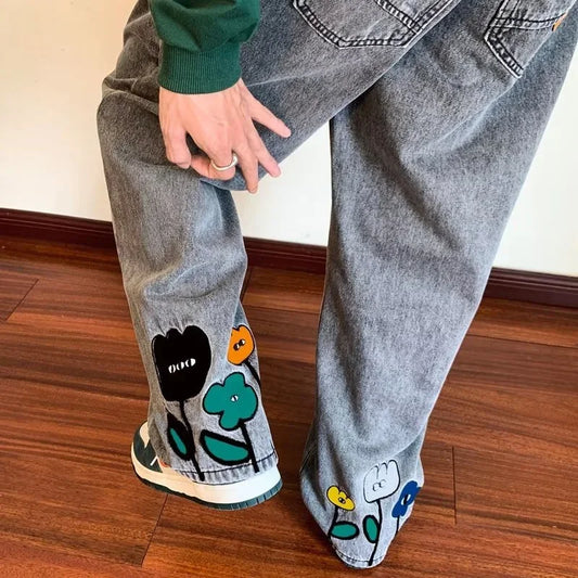 Men's Flower Printed Baggy Jeans